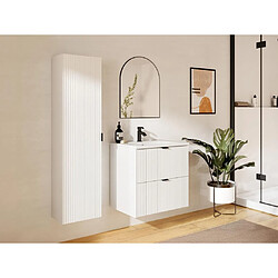 Vente-Unique Meuble de salle de bain suspendu strié avec vasque à encastrer et colonne - Blanc mat - 60 cm - ZEVINI