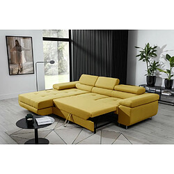 VENESETTI Canapé d'angle convertible ARMEL en tissu luxe 5 places, jaune moutarde, avec coffre, angle gauche (vu de face)