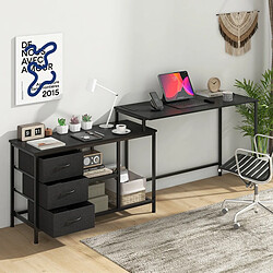 Helloshop26 Bureau d'angle convertible avec prise de courant bureau en forme de L avec 3 tiroirs en tissu et étagères en maille métallique noir 20_0007977