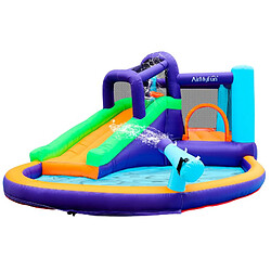 Airmyfun Château Aquatique Gonflable Magic Island avec toboggan et canons à eau, 430x380x190 cm - souffleur et sac de rangement inclus