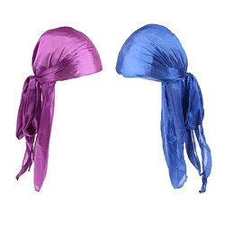 Avis 2 Pièces Durag Headwear Cap Chute De Cheveux Écharpe Bandana Turban Bleu Royal + Violet