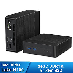 VANWIN Mini PC Intel Alder Lake-N100(jusqu'à 3,4 GHz) 24Go RAM 512Go M.2 NVMe SSD mini ordinateur Windows 11 pro 4k 60Hz WiFi6 US03.0*2 USB3.2*2 HDMI LAN 1000M-Noir