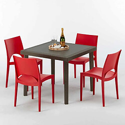 Grand Soleil Table carrée et 4 chaises colorées Poly-rotin résine 90x90 marron, Chaises Modèle: Paris rouge