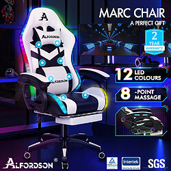 ALFORDSON Chaise Gaming Chaise de Bureau LED et Massant 8 Points Blanc et Noir