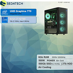 Sedatech PC de bureau • Intel i7-12700 • 8 Go RAM • 500Go SSD M.2 • 2To HDD • sans OS