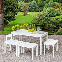 Alter Set d'extérieur avec 1 table rectangulaire 4 bancs, Made in Italy, couleur blanche