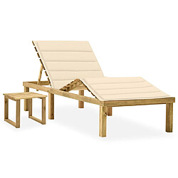 Helloshop26 Transat chaise longue bain de soleil lit de jardin terrasse meuble d'extérieur 200 x 70 x (31,5-77) cm avec table et coussin pin imprégné 02_0012671