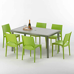 Grand Soleil Table rectangulaire et 6 chaises Poly rotin resine ensemble bar cafè exterieur 150x90 Beige Marion, Chaises Modèle: Paris Vert