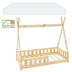 ML-Design Lit d'enfant Tipi avec matelas lit avec protection antichute pin nature 70x140cm