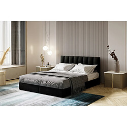 TRADA Lit adulte 200x200 cm CITY - avec matelas ressorts intégré, rangement et surmatelas - tissu velours – noir 