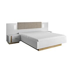 Avis Vente-Unique Lit coffre avec chevets 160 x 200 cm - Avec LEDs - Blanc et naturel - MURARI