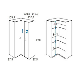 Inside 75 Armoire d'angle équerre porte droite pliante 150,8 x 220 cm finition chêne blanchis intérieur double