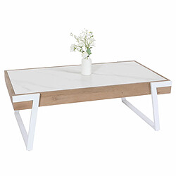 Mendler Table basse HWC-L89, table de salon, fer 43x120x64cm Sinterstein imitation marbre blanc bois naturel