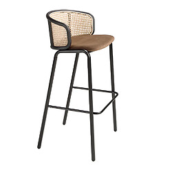 Angel Cerda Tabouret en velours brun et rotin 