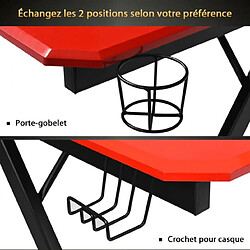 Helloshop26 Bureau gaming surface en fibre de carbone 120 x 60 x 76 cm avec porte-gobelet crochet pour ecouteurs et supports audio noir et rouge 20_0008009