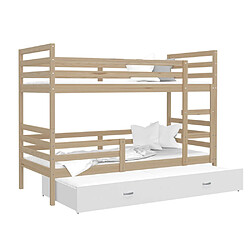 Kids Literie Lit Superposé 3 Places Milo 90x190 Pin - blanc Livré avec sommiers, tiroir et matelas en mousse de 7cm 