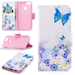 Etui en PU  papillon bleu et fleurs pour Huawei P Smart 