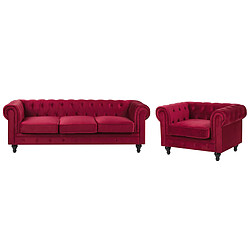 Beliani Ensemble canapé et fauteuil en velours rouge foncé 4 places CHESTERFIELD