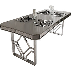 Vivenla Table de salle à manger design plateau en bois 100% laqué gris clair avec des miroirs fumé sur les contours et un piètement en acier chromé argenté 195x91.5cm collection Lexus LEXUS