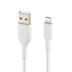 Câble USB vers Lightning MFi 18W Nylon Tressé 15cm Charge Synchro Belkin blanc