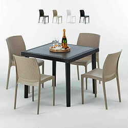 Table Carrée Noire 90x90cm Avec 4 Chaises Colorées Grand Soleil Set Extérieur Bar Café Boheme PASSION, Couleur: Beige 