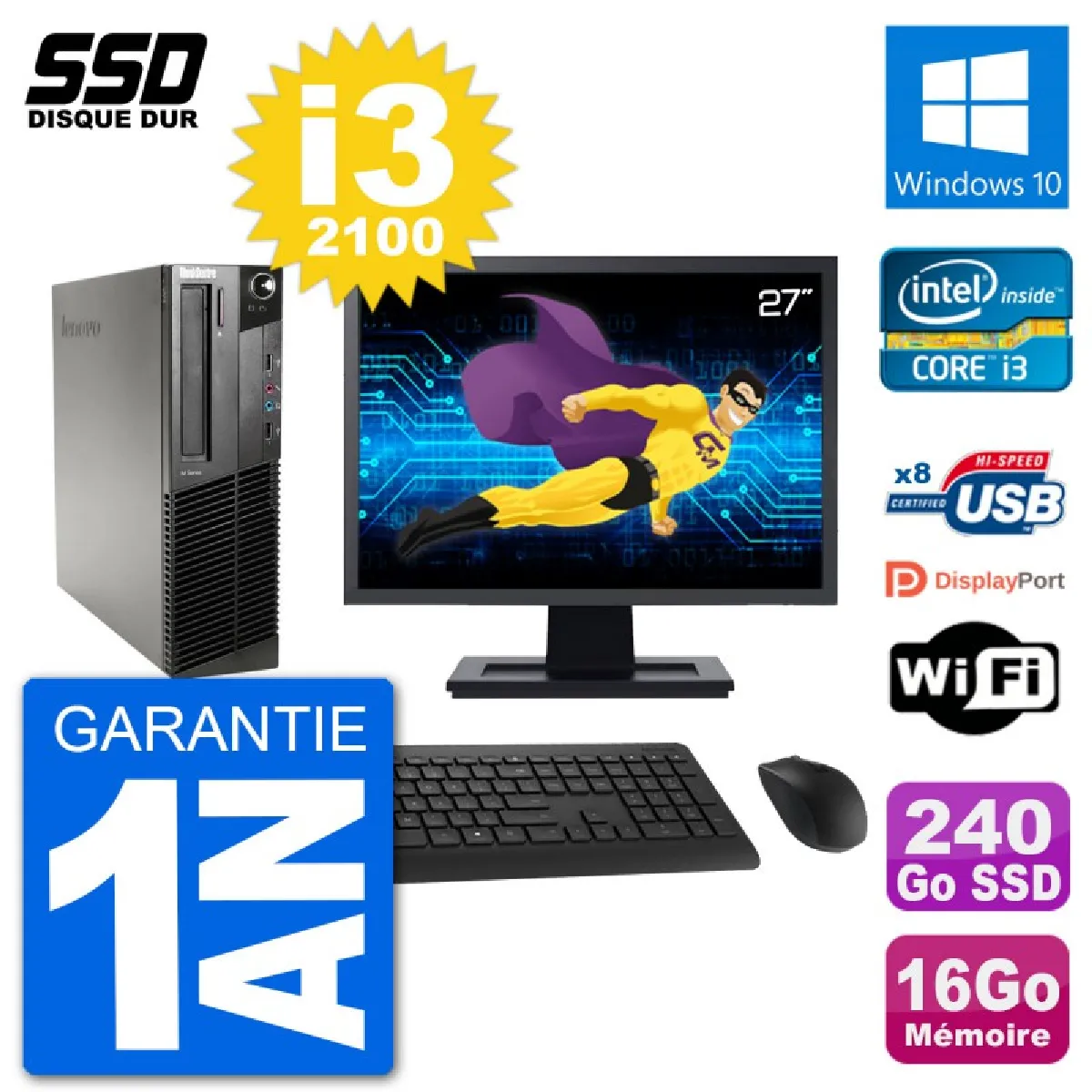 PC Lenovo M91p SFF Ecran 27" Intel i3-2100 RAM 16Go SSD 240Go Windows 10 Wifi · Occasion 