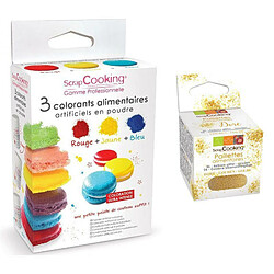 Scrapcooking 3 colorants alimentaires en poudre jaune-rouge-bleu + paillettes dorées 