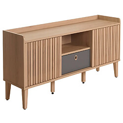 Mendler Meuble TV HWC-M48, Buffet TV, porte coulissante en bois massif de manguier 56x150x40cm ~ beige, tiroir gris pas cher