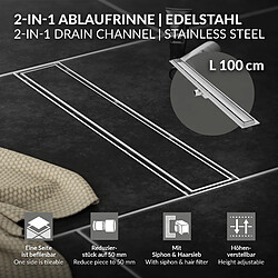 LuxeBath Caniveau de Douche 100cm 2en1 à Carreler, Argent, Acier Inoxydable, avec Appareil Désodorisant et Filtre à Cheveaux Amovible, Pieds Réglable en Hauteur, Siphon Double Face, Écoulement de Sol