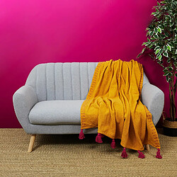 Toilinux Jeté de canapé surpiqué avec pompons - 130 x 170 cm - Orange et rose