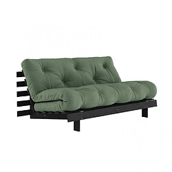 Inside 75 Canapé convertible futon ROOTS pin laqué noir matelas 160 x 200 cm coloris vert olive 