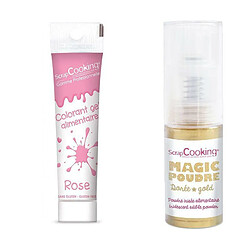 Scrapcooking Gel colorant alimentaire rose + Poudre alimentaire irisée dorée