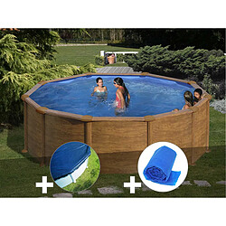 Kit piscine acier aspect bois Gré Mauritius ronde 3,70 x 1,32 m + Bâche hiver + Bâche à bulles