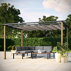 Avril Paris Tonnelle/Pergola en aluminium 3x4m toile coulissante rétractable - bois et gris - Hawai