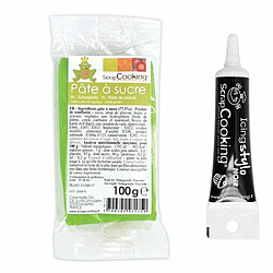 Scrapcooking Pâte à sucre vert prairie 100 g + Stylo de glaçage noir