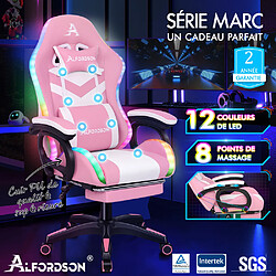 ALFORDSON Chaise Gaming Chaise de Bureau LED et Massant 8 Points Rose et Blanc