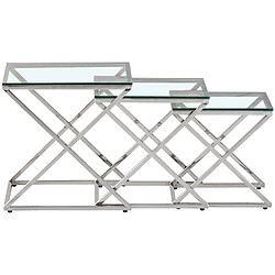 Avis Vivenla Ensemble de 3 tables gigognes design en acier inoxydable argenté avec plateau en verre trempé transparent Collection Pesaro L. 35-40-45 x P. 35-40-45 x H. 36-41-46 cm PESARO