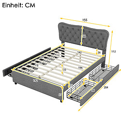 ComfortXL Lit Double Avec Quatre Tiroirs, Revêtement En Lin, Gris, 140x200 Cm pas cher