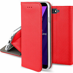 Moozy Case Flip Cover pour Huawei Y6 2018, Rouge - Étui à Rabat Magnétique Intelligent avec Porte-Cartes et Support 