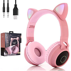 Universal Écouteurs Bluetooth sans fil pour chat, écouteurs lumineux, écouteurs pour enfants, fente pour carte SD, radio FM, pliable, ordinateurs portables et téléphones portables, rose 