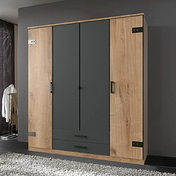 Mes Armoire 4 portes 2 tiroirs décor chêne et gris foncé - CORKA