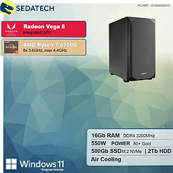 Sedatech PC de bureau • AMD Ryzen 7 4700G • Radeon Vega • 16 Go RAM • 500Go SSD M.2 • 2To HDD • Windows 11