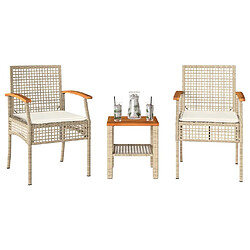 Maison Chic Ensemble de bistro 3 pcs coussins,Table + chaises + coussins de jardin beige résine tressée acacia -GKD881180