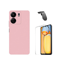 Jeu de films en verre trempé de la couverture 5D + Cas de silicone liquide + SuppOrt Magnétique L Voiture de conduite sécuritaire Phonecare pour Xiaomi Redmi 13C - rose