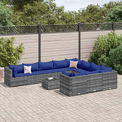 vidaXL Salon de jardin 11 pcs avec coussins gris résine tressée