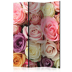 Decoshop26 Paravent 3 volets panneaux cloison séparateur de pièce pliable recto verso Roses pastel 135x172 cm PAR110657