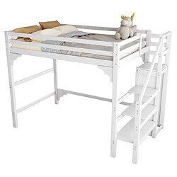 ComfortXL Lit Pour Enfant 140*200 Cm Avec Sommier À Lattes, Escalier À Marches, Blanc