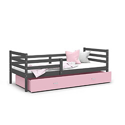 Kids Literie Lit Enfant Milo 90x190 Gris - rose Livré avec sommiers, tiroir et matelas en mousse de 7cm