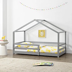 Decoshop26 Lit cabane pour enfant forme de maison avec barrière de sécurité en bois de pin gris 70 x 140 cm 03_0005523