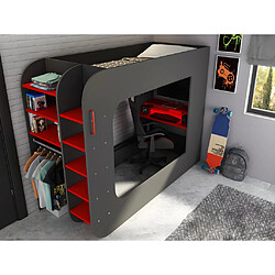 Avis Vente-Unique Lit mezzanine gamer 90 x 200 cm - Avec bureau et rangements - Avec LEDs - Anthracite et rouge + matelas - WARRIOR